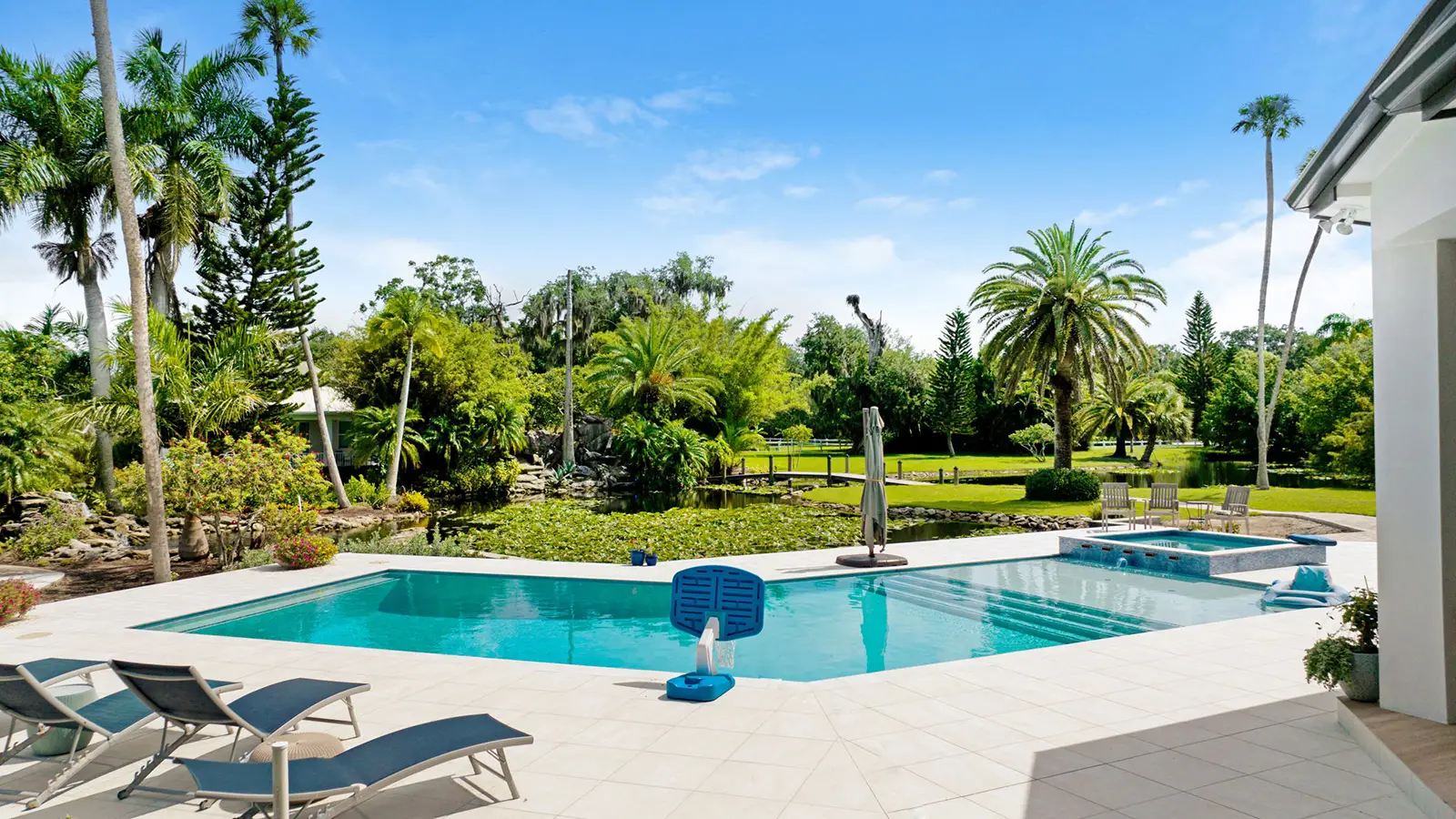 A luxury Florida swimming pool surrounded by landscaping